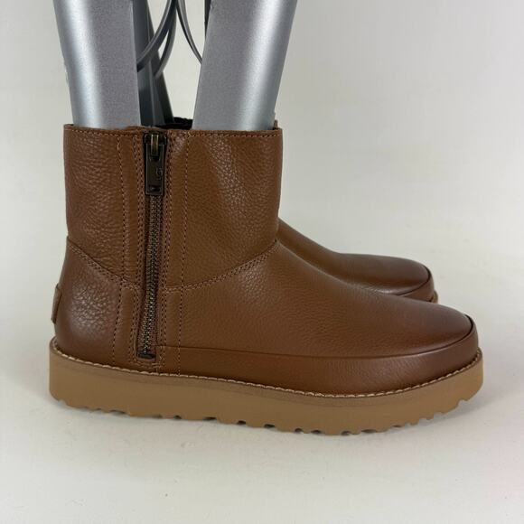 UGG Deconstructed Mini Zip Winter Boots Womens 8 Chestnut Leather High Top Shoes - Picture 2 of 9